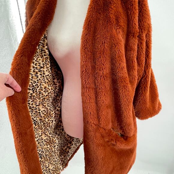 Mystree Brown Orange Faux Fur Sherpa Teddy Bear Leopard Lined Winter Jacket M - Picture 5 of 11